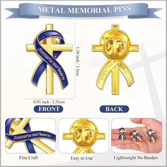 Funeral memorial lapel pins with blue ribbons, 100 pcs, durable alloy, easy butt - Picture 2 of 6